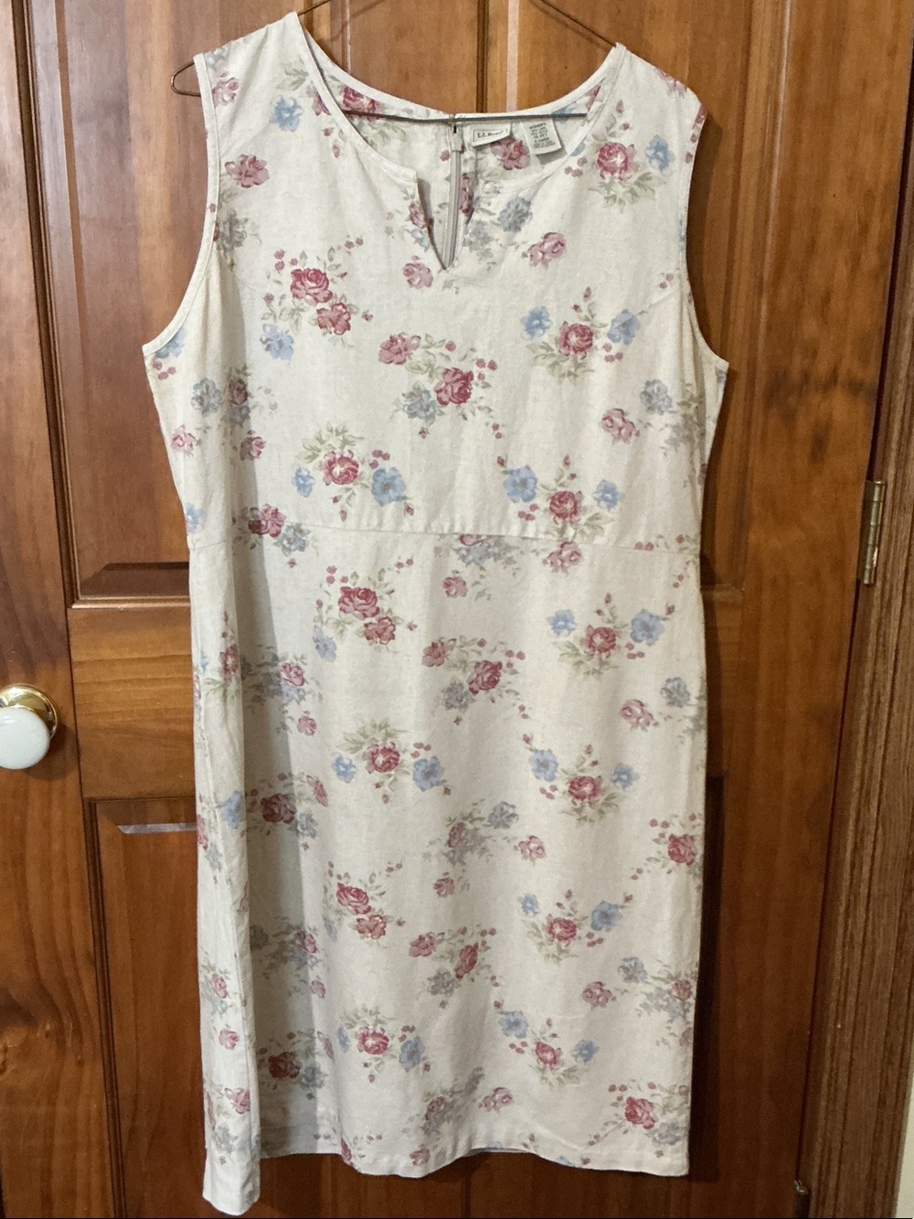 L.L. Bean Cream Floral Linen Blend Top with Pink & Blue Flowers